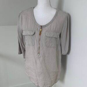 Ellen Tracy Taupe Zip-Front Blouse